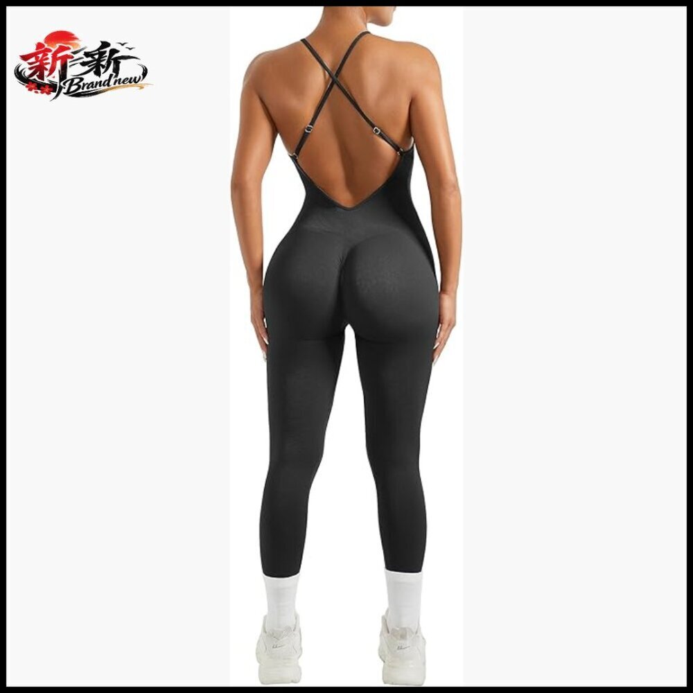 Nylon Strappy Backless Jumpsuit Tummy Control Workout Romper